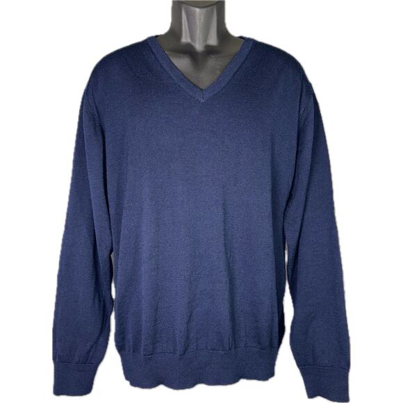 Fields Classics Men’s Large 100% Merino Wool Navy V Neck Sweater Washable Light - Picture 1 of 7